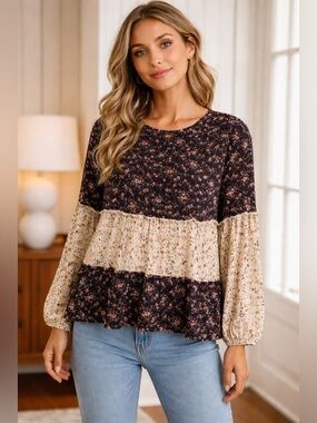 Floral Patchwork Long-Sleeve Peasant Top - Black & Cream